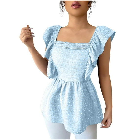 Annhoo Shirts for Women Trendy Square Neck Ruffle Cap Sleeve Peplum T-Shirt Tie Back Dot Blouse Going Out Tops