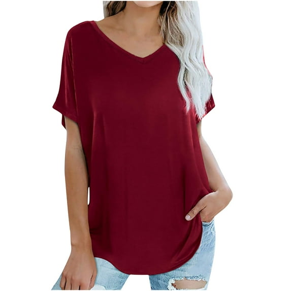 Annhoo Short Sleeve Shirts for Women Casual Loose V Neck Dressy Tops Basic Solid Color Vacation Blouses Tees