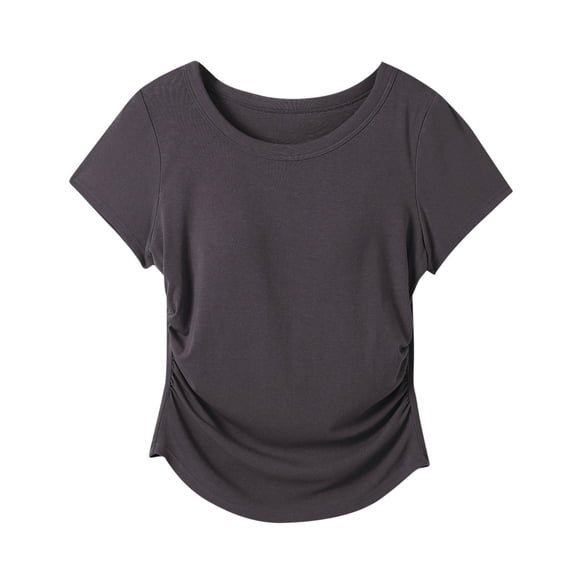 Annhoo Short Sleeve Shirts for Women Round Neck Solid Color Pleated Basic Crop Tops with Bra Going Out Clothes
