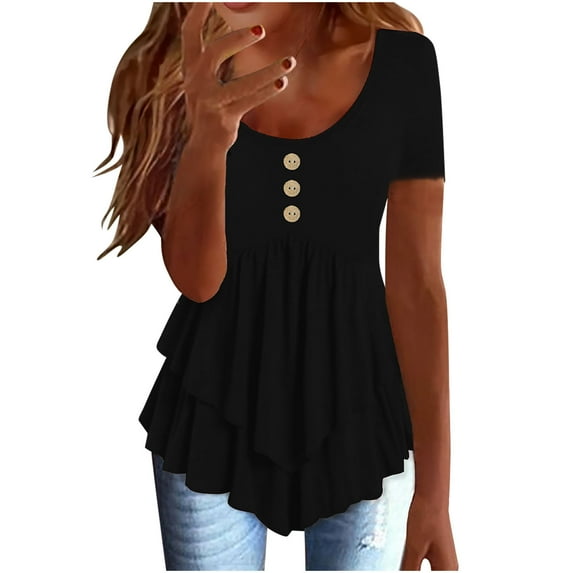 Annhoo Short Sleeve Shirts for Women Spring Solid Color Crewneck Button Down Ruffled Fashion Tops Going Out Clothes