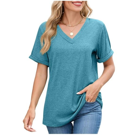 Annhoo Short Sleeve Shirts for Women Summer Elegant V Neck Plain Tshirt Basic Solid Color Business Casual Tops