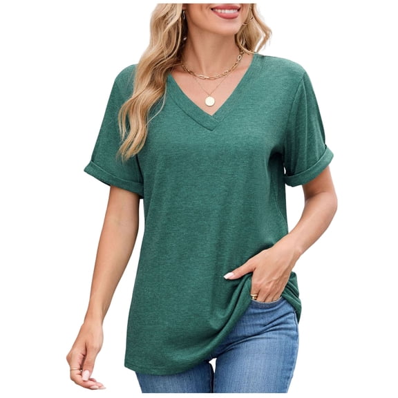 Annhoo Short Sleeve Shirts for Women Summer Elegant V Neck Plain Tshirt Basic Solid Color Business Casual Tops