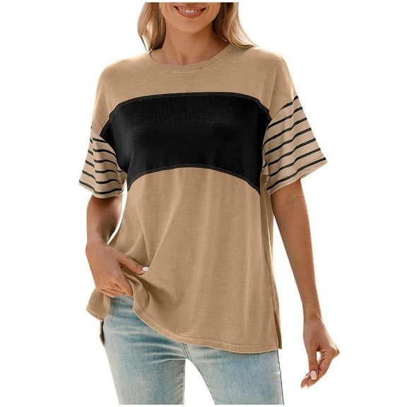 Annhoo Short Sleeve Tops for Women Summer Crew Neck Striped Color Block Side Slit Shirts Casual Going out Tunics