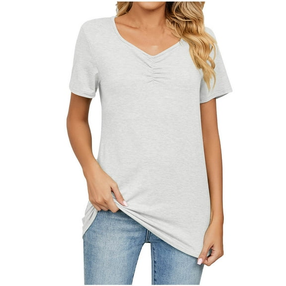 Annhoo Short Sleeve Tops for Women Summer Casual Ruched V Neck Dressy Shirts Baggy Cozy Going out Tunics