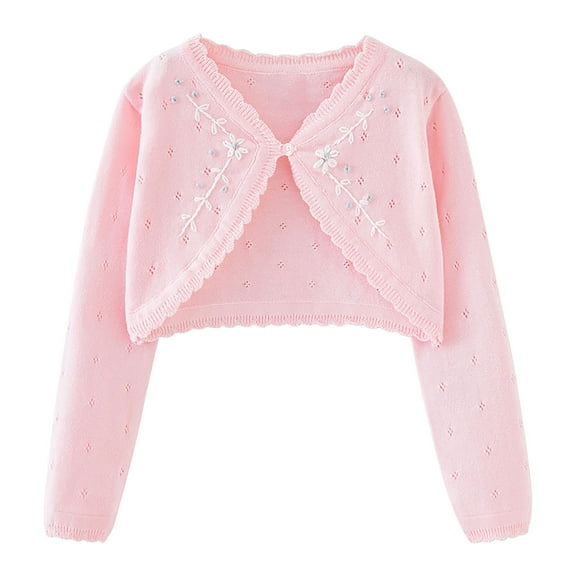 Annhoo Shrug Cardigan for Baby Girls Cute Flower Embroidered Cropped Tops Infant Long Sleeve Button Knitted Sweaters