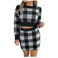 thumbnail image 1 of Annhoo Skirt Sets Women 2 Piece Knit Plaid Sweater Outfits Round Neck Long Sleeve Crop Tops and Mini Skirts Fall Outfits, 1 of 8