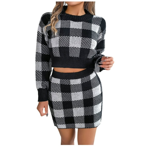Annhoo Skirt Sets Women 2 Piece Knit Plaid Sweater Outfits Round Neck Long Sleeve Crop Tops and Mini Skirts Fall Outfits