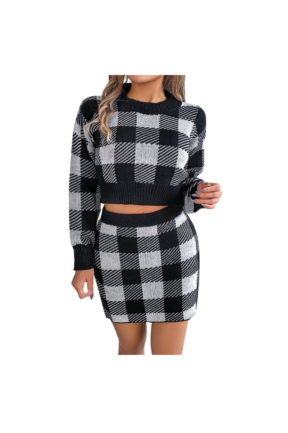 Skirt Sets Women 2 Piece Knit Plaid Sweater Outfits Round Neck Long Sleeve Crop Tops and Mini Skirts Fall Outfits