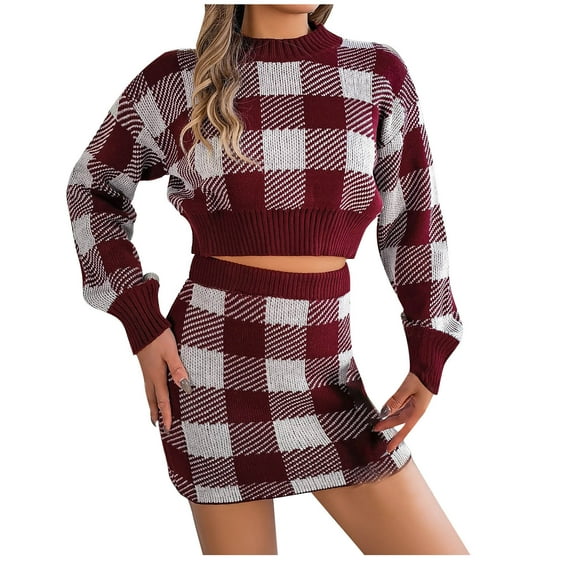 Annhoo Skirt Sets Women 2 Piece Knit Plaid Sweater Outfits Round Neck Long Sleeve Crop Tops and Mini Skirts Fall Outfits