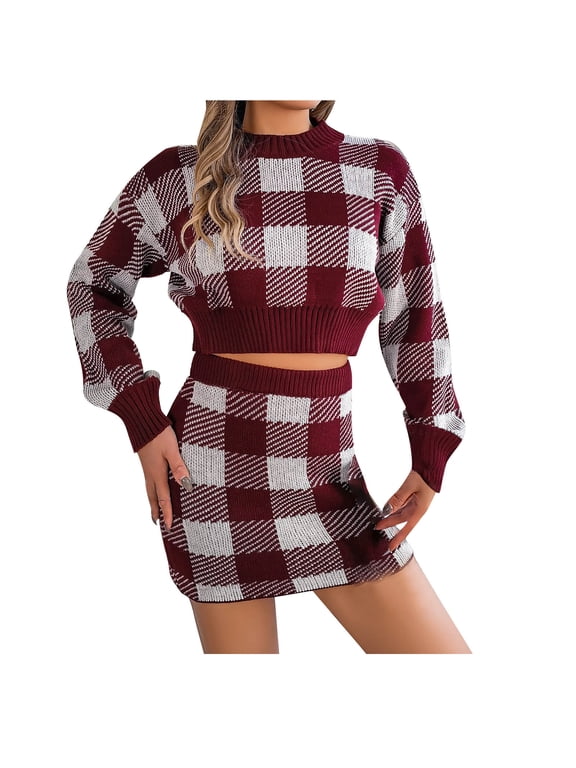 Skirt Sets Women 2 Piece Knit Plaid Sweater Outfits Round Neck Long Sleeve Crop Tops and Mini Skirts Fall Outfits