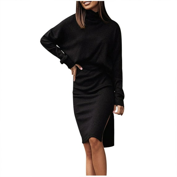 Annhoo Skirt Sets Women 2 Piece Outfits Fall High Neck Long Sleeve Tops and Side Slit Midi Skirts Casual Knitted Sets