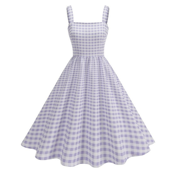 Annhoo Sleeveless Dresses for Women Plaid Square Neck a Line Pleated Casual Flowy Beach Vacation Tank Midi Sundresses