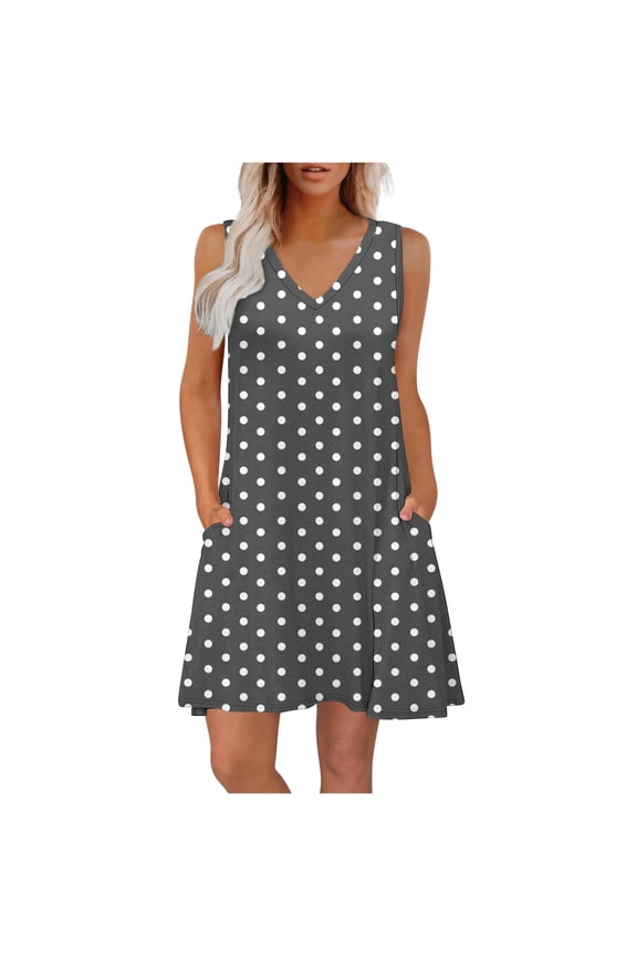 Sleeveless Dresses for Women Polka Dot V Neck A-Line Loose Comfy Casual Beach Mini Sundresses