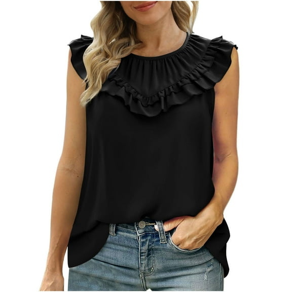 Annhoo Sleeveless Tank Tops for Women Cute Ruffle Trim Crewneck T Shirts Elegant Pleated Business Work Tanks
