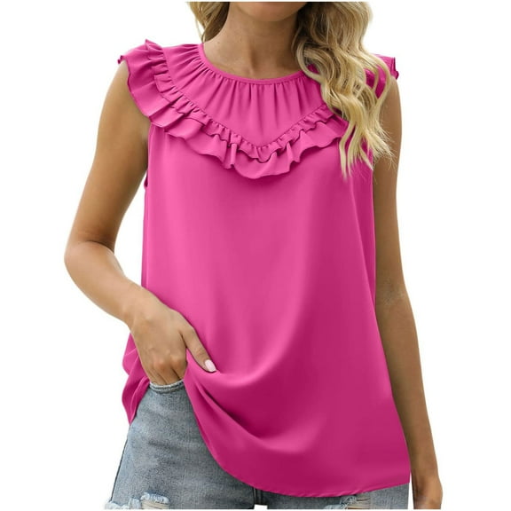 Annhoo Sleeveless Tank Tops for Women Cute Ruffle Trim Crewneck T Shirts Elegant Pleated Business Work Tanks