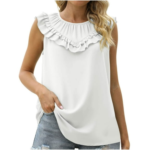 Annhoo Sleeveless Tank Tops for Women Cute Ruffle Trim Crewneck T Shirts Elegant Pleated Business Work Tanks
