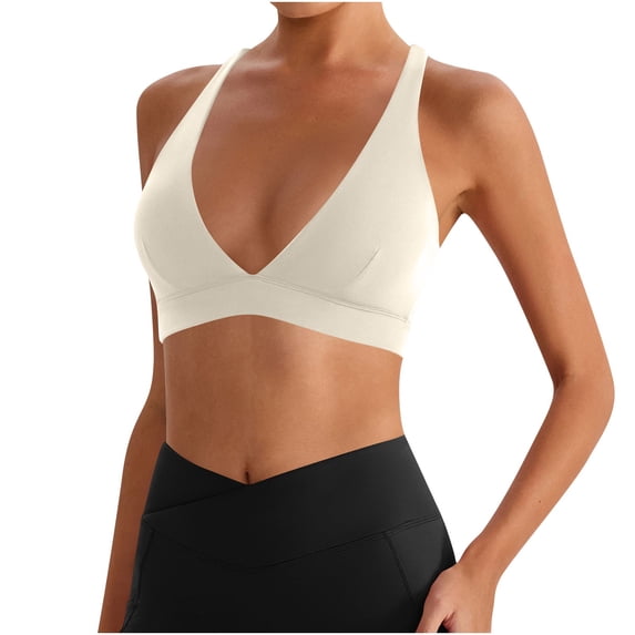 Annhoo Sports Bras for Women High Support Padded V Neck Solid Color Wireless Athletic Brassiere Yoga Clothes