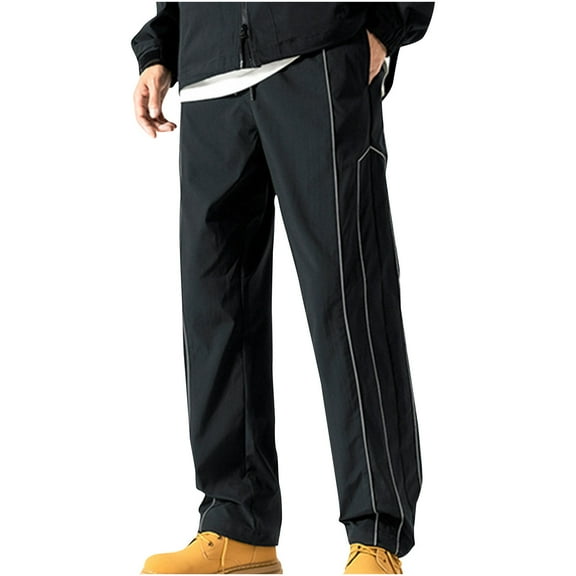 Annhoo Sports Pants for Man Striped Loose Elastic Waist Drawstring Pocket Pant Casual Straight Leg Streetwear Trendy Trouser