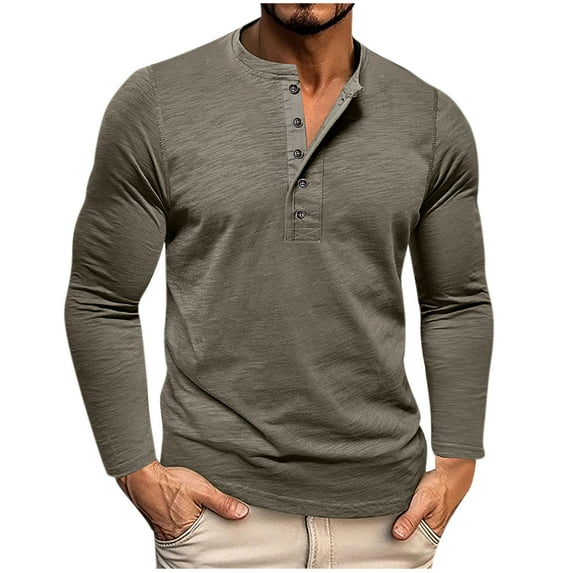 Annhoo Sports Tops for Men Casual Workout Long Sleeve Button Crew Neck Pullover Solid Color Slim Outdoor Comfy Blouses