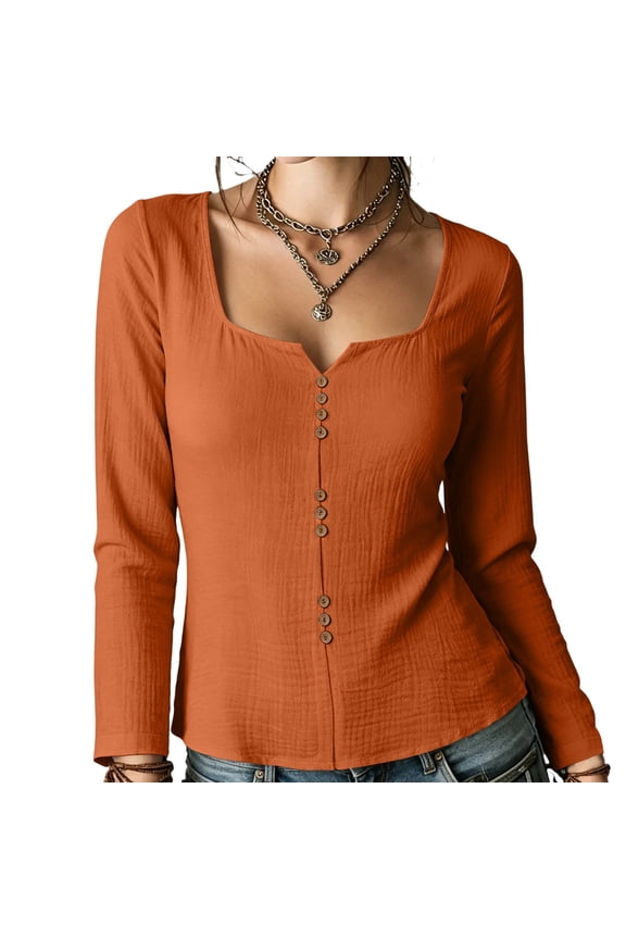 Square Neck Top for Women Fall Fashion Notch-Neck Front Button Decor Textured Long Sleeve Elegant Shirts