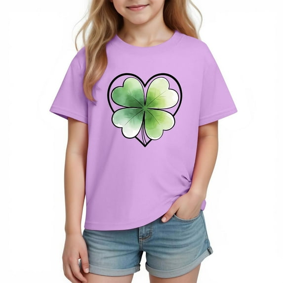 Annhoo St Patrick's Day Shirt for Kids Short Sleeve Crewneck Shamrock Graphic Block Color Unisex Tops Festival Clothes