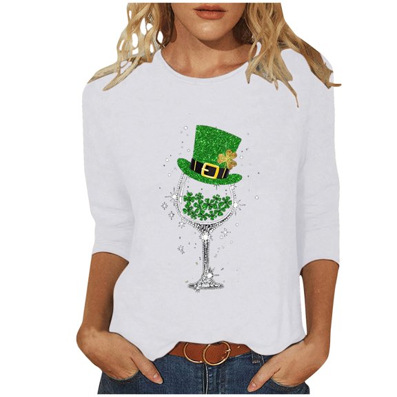 Annhoo St Patricks Day 3/4 Sleeve Tops for Women Loose Block Color Shamrock Graphic Shirts Spring Summer Blouse