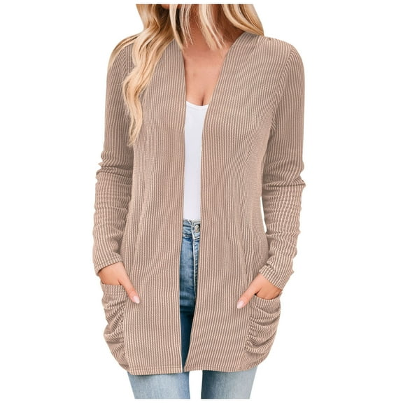 Annhoo Striped Cardigan for Women Casual Open Front Long Sleeve Knitted Coats Fall Comfy Outwear with Pockets