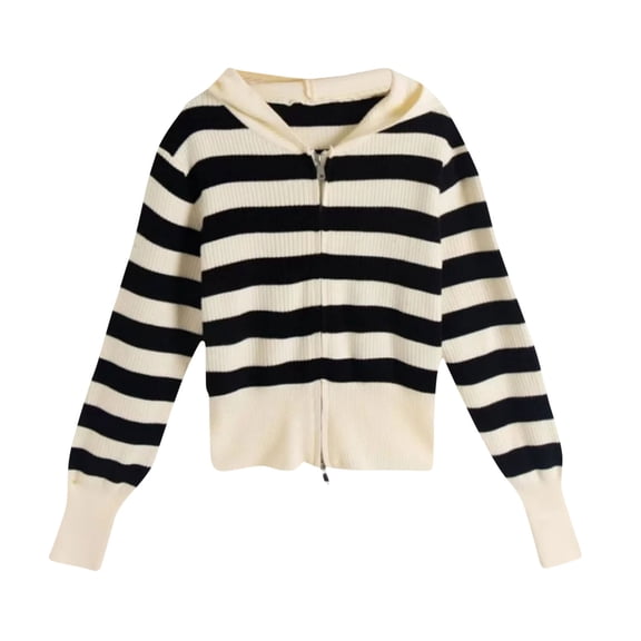 Annhoo Striped Hoodies for Women Fall Knit Long Sleeve Zipper Cropped Jackets Comfy Soft Color Block Knitwear