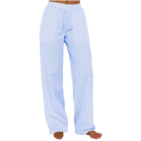 Annhoo Striped Pants for Women Casual High Waisted Straight Leg Trousers Plus Size Loose Pajama Pants with Pockets