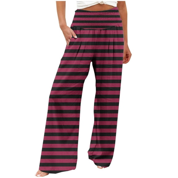 Annhoo Striped Pants for Women Casual Smocked High Waist Wide Leg Pants Flowy Loose Palazzo Trousers with Pockets