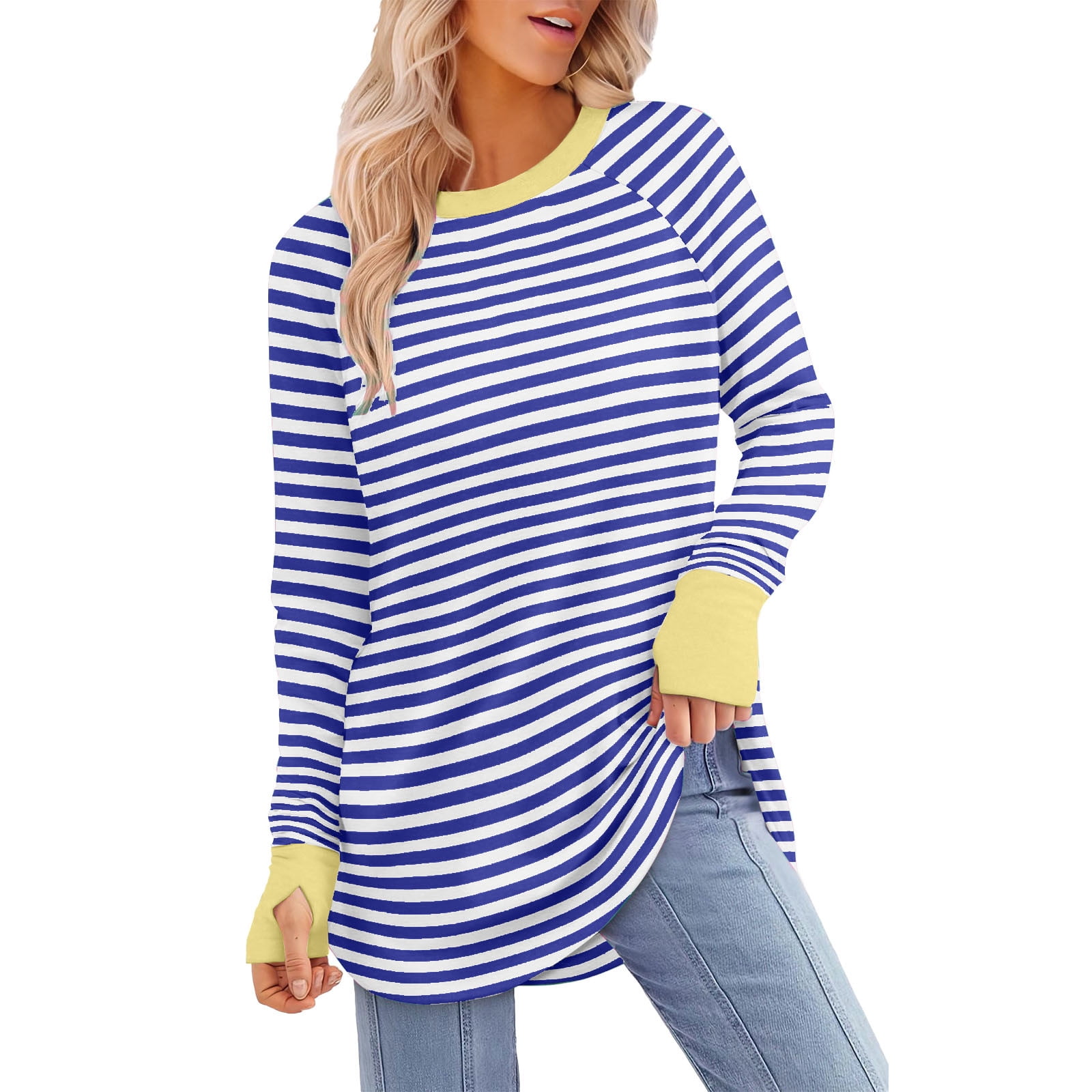 Annhoo Striped Shirts for Women Long Sleeve Casual Round Neck Tops 2025 ...