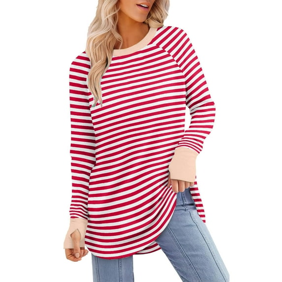 Annhoo Striped Shirts for Women Long Sleeve Casual Round Neck Tops Fall Trendy Color Block Blouse Tunics