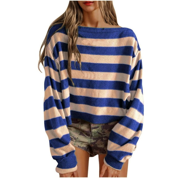 Annhoo Striped Sweaters for Women Baggy Round Neck Long Sleeve Cropped Shirts Fall Casual Cozy Knitted Pullovers