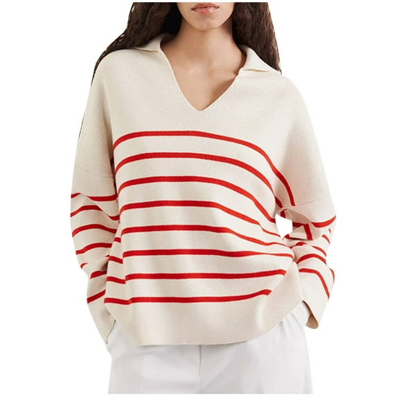 Annhoo Striped Sweaters for Women Loose Long Sleeve V Neck Lapel Knitted Shirts Teen Girl's Side Slit Pullover Tops