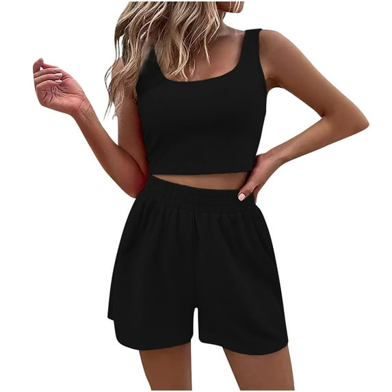 Annhoo Summer 2 Piece Outfit for Women Casual Ribbed Sets Sleeveless Round Neck Tank Tops High Waisted Shorts Loungewear
