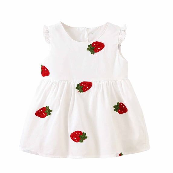 Annhoo Summer Baby Girls Short Sleeve Dress Crew Neck Ruffle Sleeveless Strawberry Cute Tank Dress 1-4 Years