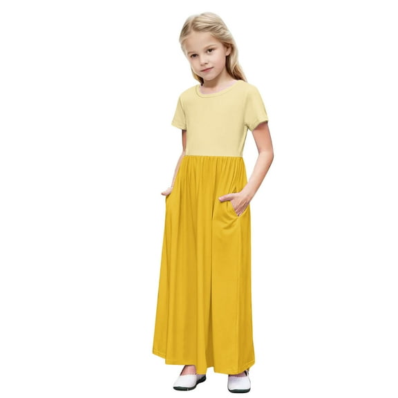 Annhoo Summer Long Dress for Girl Crew Neck Short Sleeve A-Line Color Block Casual Loose Dress with Pocket 4-14 Years
