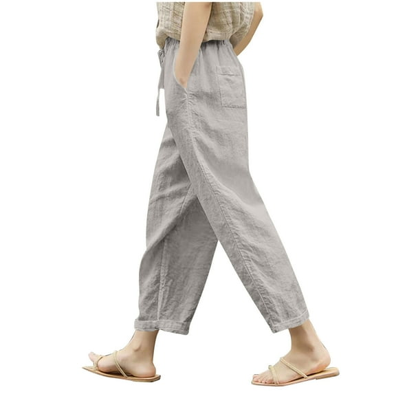 Annhoo Summer Pants for Women Cotton Linen Drawstring Elastic Waisted Loose Wide Leg Casual Trousers with Pockets