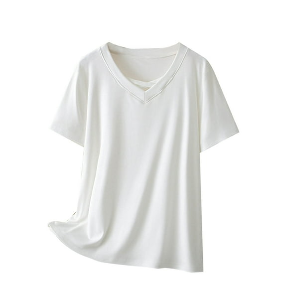 Annhoo Summer Plus Size Cotton T-Shirts Casual V Neck Short Sleeve Tees Ladies Cross Front Tunics Lounge Tops