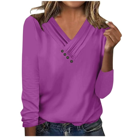 Annhoo Summer Plus Size Shirts for Women Casual Loose Button Long Sleeve Blouses V Neck Tees Comfy Soft Shirts