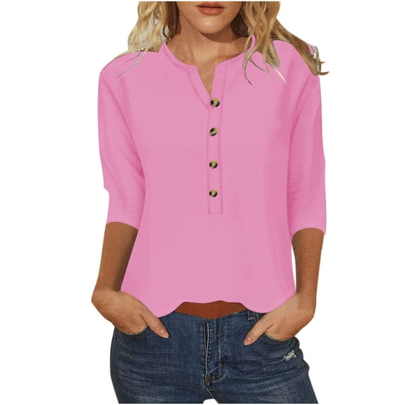Annhoo Summer Plus Size Tops for Women Trendy 3/4 Sleeve Button V Neck T Shirts Casual Loose Comfy Blouse Clothes
