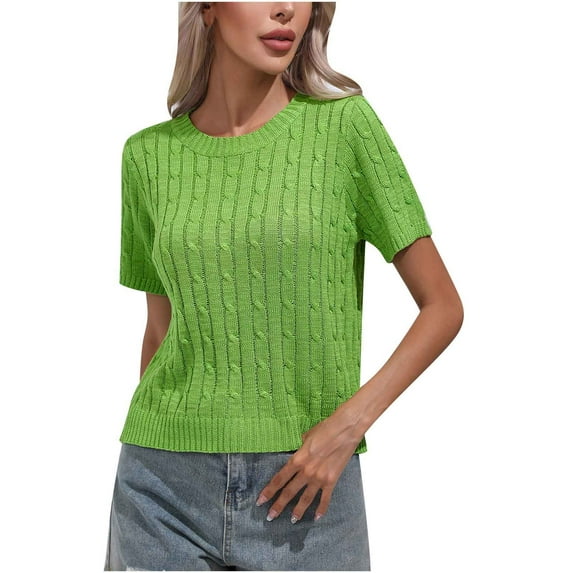 Annhoo Summer Short Sleeve Shirts for Women Casual Knit Round Neck Sweater Tops Fashion Comfy Solid Blouse Tees