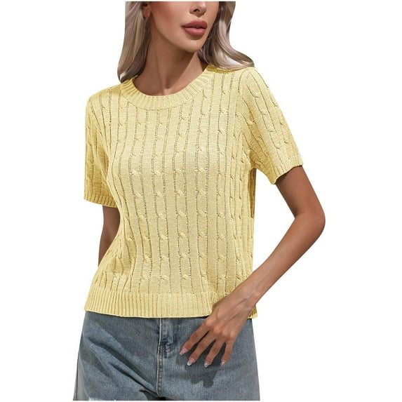 Annhoo Summer Short Sleeve Shirts for Women Casual Knit Round Neck Sweater Tops Fashion Comfy Solid Blouse Tees