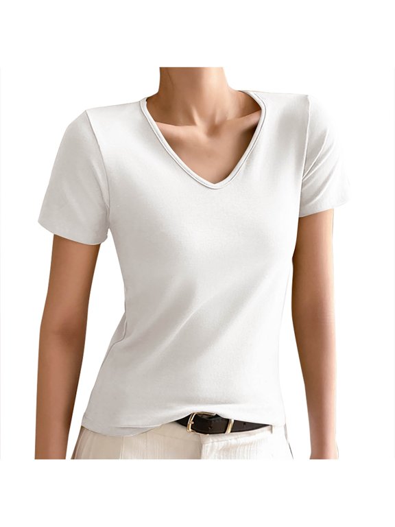 Summer Short Sleeve Tops for Women Basic Solid Color V Neck Base Layer Shirts Stretchy Casual Undershirts