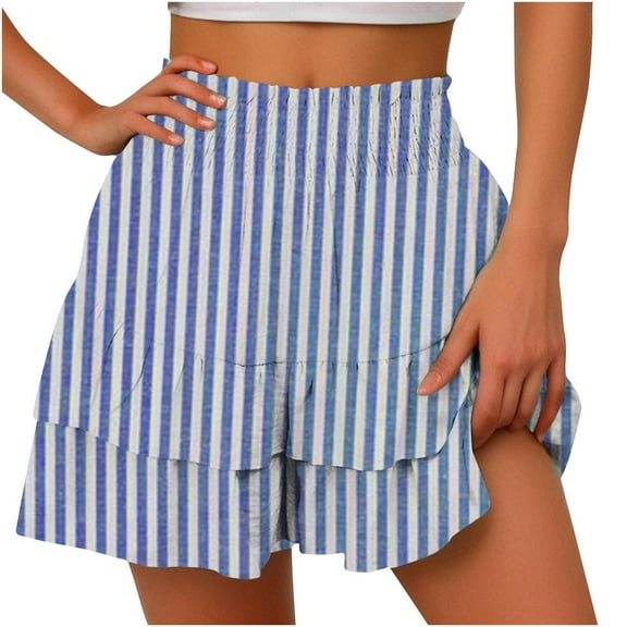 Annhoo Summer Short for Women Trendy Stripes Casual High Waisted Ruffle Hem Shorts Beach Pleated Skirt Shorts