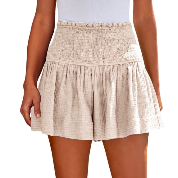 Annhoo Summer Shorts for Women Ruffle Smocked High Waisted Casual Wide Leg Lounge Beach Vacation Shorts