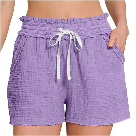 Annhoo Summer Shorts for Women Drawstring Ruffle High Elastic Waisted Wide Leg Vacation Casual Shorts with Pockets