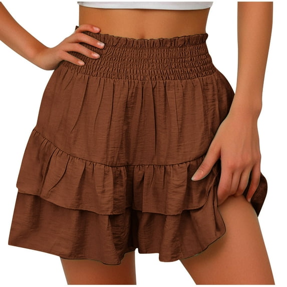 Annhoo Summer Shorts for Women High Waist Fashion Smocked Ruffle Hem Skorts Loose Pleated Beach Lounge Skirt Shorts