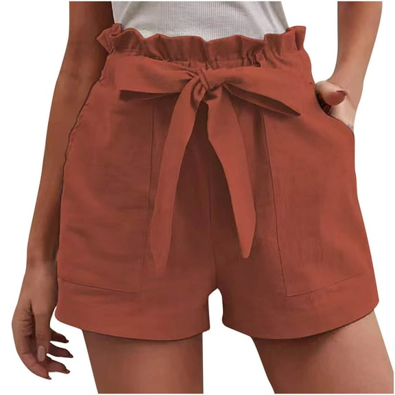 Annhoo Summer Shorts for Womens Ruffle Tie Elastic Waist Cotton Linen Shorts Casual Beach Vacation Lounge Shorts with Pockets