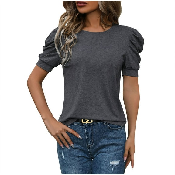 Annhoo Summer T Shirt for Women Puff Crew Neck Short Sleeve Tops Trendy Casual Basic Blouses Going out Tunics